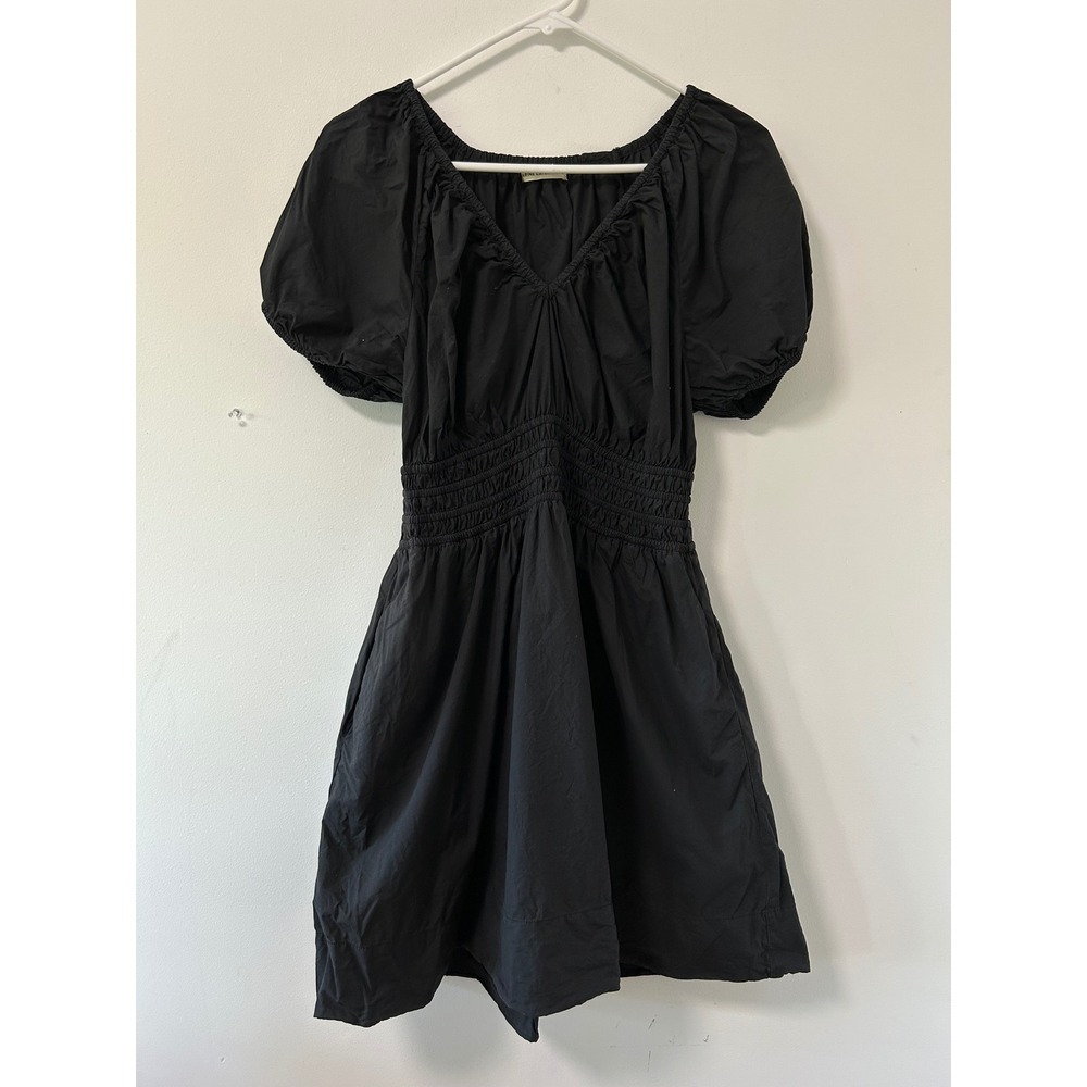 Marine Layer Emery Poplin Smocked Waist Mini Dress S Black Cottagecore Puff Slv